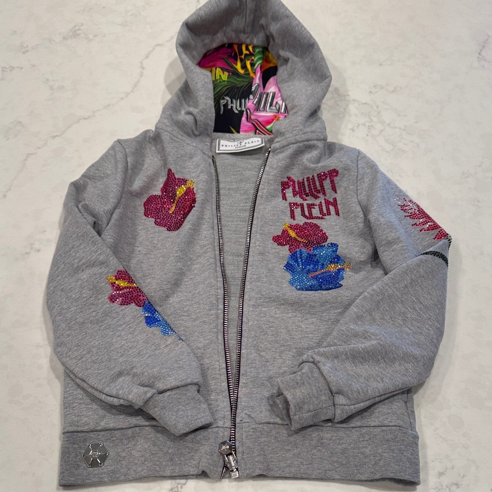 Philipp Plein Gray Hoodie with Colorful Embellishments